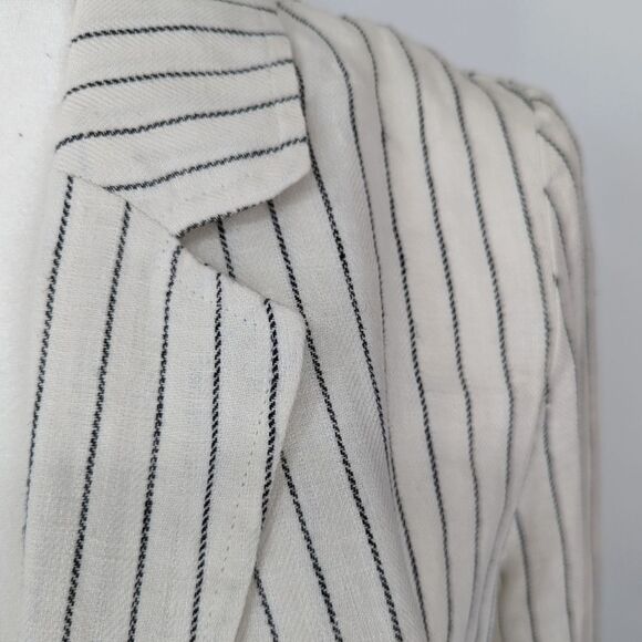 Rachel Zoe Linen White and Black Pinstriped Open Front Collared Blazer Small - Picture 5 of 10